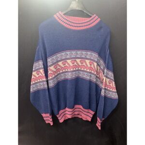 Vintage 80s Gitano Sweater L Made in USA‎ Navy Multi Cottagecore Acrylic Crew